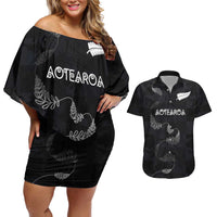 Custom New Zealand Rugby Couples Matching Off Shoulder Short Dress and Hawaiian Shirt All Silver Ferns Blacks