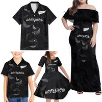 Custom New Zealand Rugby Family Matching Off Shoulder Maxi Dress and Hawaiian Shirt All Silver Ferns Blacks