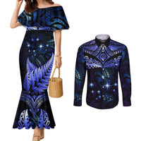 New Zealand Matariki Couples Matching Mermaid Dress and Long Sleeve Button Shirt Maori Pattern and Matariki Sky Night LT03 Blue - Polynesian Pride