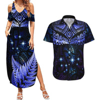 New Zealand Matariki Couples Matching Summer Maxi Dress and Hawaiian Shirt Maori Pattern and Matariki Sky Night LT03 Blue - Polynesian Pride