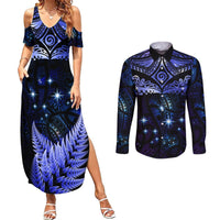 New Zealand Matariki Couples Matching Summer Maxi Dress and Long Sleeve Button Shirt Maori Pattern and Matariki Sky Night LT03 Blue - Polynesian Pride