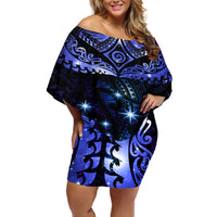 New Zealand Matariki Off Shoulder Short Dress Maori Pattern and Matariki Sky Night