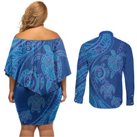 Hawaiian Turtles and Polynesian Art Tattoo Couples Matching Off Shoulder Short Dress and Long Sleeve Button Shirt Ocean Abyss