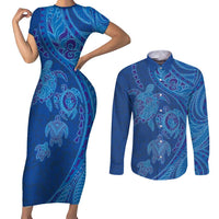Hawaiian Turtles and Polynesian Art Tattoo Couples Matching Short Sleeve Bodycon Dress and Long Sleeve Button Shirt Ocean Abyss LT03 Blue - Polynesian Pride