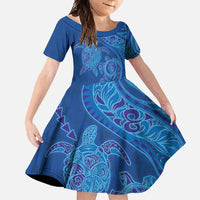 Hawaiian Turtles and Polynesian Art Tattoo Family Matching Long Sleeve Bodycon Dress and Hawaiian Shirt Ocean Abyss LT03 Daughter's Dress Blue - Polynesian Pride