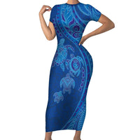 Hawaiian Turtles and Polynesian Art Tattoo Family Matching Short Sleeve Bodycon Dress and Hawaiian Shirt Ocean Abyss LT03 Mom's Dress Blue - Polynesian Pride
