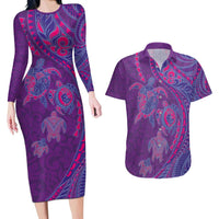 Hawaiian Turtles and Polynesian Art Tattoo Couples Matching Long Sleeve Bodycon Dress and Hawaiian Shirt Dusky Violet LT03 Purple - Polynesian Pride