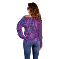 Hawaiian Turtles and Polynesian Art Tattoo Off Shoulder Sweater Dusky Violet