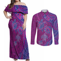 Hawaiian Turtles and Polynesian Art Tattoo Couples Matching Off Shoulder Maxi Dress and Long Sleeve Button Shirt Cerise