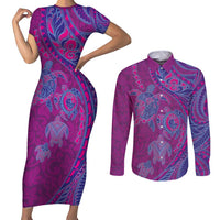 Hawaiian Turtles and Polynesian Art Tattoo Couples Matching Short Sleeve Bodycon Dress and Long Sleeve Button Shirt Cerise