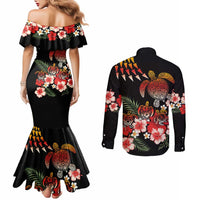 Hawaiian Hibiscus Turtle and Tropical Flower Couples Matching Mermaid Dress and Long Sleeve Button Shirt Dynamic Vibe