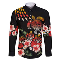 Hawaiian Hibiscus Turtle and Tropical Flower Family Matching Long Sleeve Bodycon Dress and Hawaiian Shirt Dynamic Vibe LT03 Dad's Shirt - Long Sleeve Black - Polynesian Pride