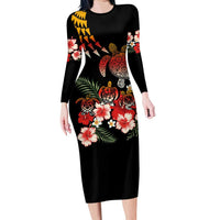 Hawaiian Hibiscus Turtle and Tropical Flower Family Matching Long Sleeve Bodycon Dress and Hawaiian Shirt Dynamic Vibe LT03 Mom's Dress Black - Polynesian Pride
