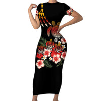 Hawaiian Hibiscus Turtle and Tropical Flower Family Matching Short Sleeve Bodycon Dress and Hawaiian Shirt Dynamic Vibe LT03 Mom's Dress Black - Polynesian Pride
