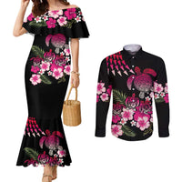 Hawaiian Hibiscus Turtle and Tropical Flower Couples Matching Mermaid Dress and Long Sleeve Button Shirt Sweet Vibe LT03 Black - Polynesian Pride