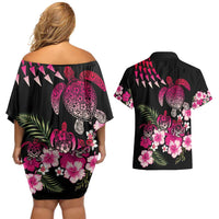 Hawaiian Hibiscus Turtle and Tropical Flower Couples Matching Off Shoulder Short Dress and Hawaiian Shirt Sweet Vibe LT03 - Polynesian Pride