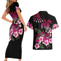 Hawaiian Hibiscus Turtle and Tropical Flower Couples Matching Short Sleeve Bodycon Dress and Hawaiian Shirt Sweet Vibe LT03 - Polynesian Pride