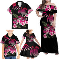 Hawaiian Hibiscus Turtle and Tropical Flower Family Matching Off Shoulder Maxi Dress and Hawaiian Shirt Sweet Vibe LT03 - Polynesian Pride