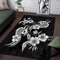 Hawaiian-Polynesian Art Tattoo Area Rug Hibiscus and Plumeria Grayscale