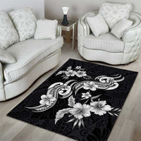 Hawaiian-Polynesian Art Tattoo Area Rug Hibiscus and Plumeria Grayscale