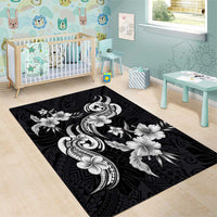 Hawaiian-Polynesian Art Tattoo Area Rug Hibiscus and Plumeria Grayscale