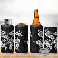 Hawaiian-Polynesian Art Tattoo 4 in 1 Can Cooler Tumbler Hibiscus and Plumeria Grayscale