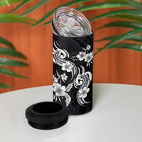 Hawaiian-Polynesian Art Tattoo 4 in 1 Can Cooler Tumbler Hibiscus and Plumeria Grayscale