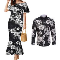 Hawaiian-Polynesian Art Tattoo Couples Matching Mermaid Dress and Long Sleeve Button Shirt Hibiscus and Plumeria Grayscale LT03 Black - Polynesian Pride