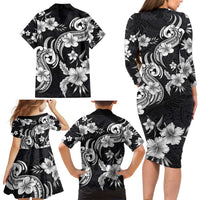 Hawaiian-Polynesian Art Tattoo Family Matching Long Sleeve Bodycon Dress and Hawaiian Shirt Hibiscus and Plumeria Grayscale LT03 - Polynesian Pride