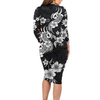 Hawaiian-Polynesian Art Tattoo Family Matching Long Sleeve Bodycon Dress and Hawaiian Shirt Hibiscus and Plumeria Grayscale LT03 - Polynesian Pride