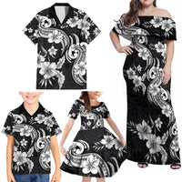Hawaiian-Polynesian Art Tattoo Family Matching Off Shoulder Maxi Dress and Hawaiian Shirt Hibiscus and Plumeria Grayscale LT03 - Polynesian Pride