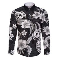 Hawaiian-Polynesian Art Tattoo Family Matching Off Shoulder Maxi Dress and Hawaiian Shirt Hibiscus and Plumeria Grayscale LT03 Dad's Shirt - Long Sleeve Black - Polynesian Pride