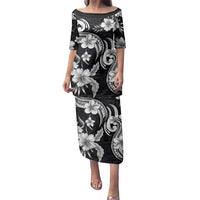 Hawaiian-Polynesian Art Tattoo Family Matching Puletasi and Hawaiian Shirt Hibiscus and Plumeria Grayscale LT03 Mom's Dress Black - Polynesian Pride