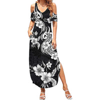 Hawaiian-Polynesian Art Tattoo Family Matching Summer Maxi Dress and Hawaiian Shirt Hibiscus and Plumeria Grayscale LT03 Mom's Dress Black - Polynesian Pride