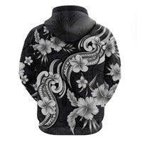 Hawaiian-Polynesian Art Tattoo Hoodie Hibiscus and Plumeria Grayscale