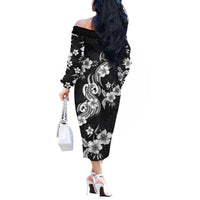 Hawaiian-Polynesian Art Tattoo Off The Shoulder Long Sleeve Dress Hibiscus and Plumeria Grayscale