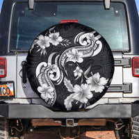 Hawaiian-Polynesian Art Tattoo Spare Tire Cover Hibiscus and Plumeria Grayscale