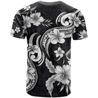 Hawaiian-Polynesian Art Tattoo T Shirt Hibiscus and Plumeria Grayscale