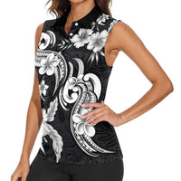 Hawaiian-Polynesian Art Tattoo Women Sleeveless Polo Shirt Hibiscus and Plumeria Grayscale LT03 - Polynesian Pride