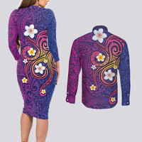 Hawaiian Octopus Tattoo and Frangipani Couples Matching Long Sleeve Bodycon Dress and Long Sleeve Button Shirt