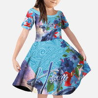 Hawaii Aloha Whales Family Matching Off Shoulder Maxi Dress and Hawaiian Shirt Hibiscus and Whales with Polynesian Pattern LT03 Daughter's Dress Blue - Polynesian Pride