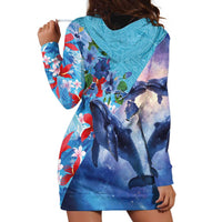 Hawaii Aloha Whales Hoodie Dress Hibiscus and Whales with Polynesian Pattern - Polynesian Pride