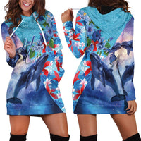 Hawaii Aloha Whales Hoodie Dress Hibiscus and Whales with Polynesian Pattern - Polynesian Pride