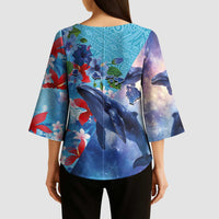 Hawaii Aloha Whales Kimono Sleeve Blouse Hibiscus and Whales with Polynesian Pattern - Polynesian Pride