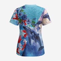 Hawaii Aloha Whales Scrub Top Hibiscus and Whales with Polynesian Pattern - Polynesian Pride