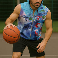 Hawaii Aloha Whales Sleeveless Zip Hoodie Hibiscus and Whales with Polynesian Pattern LT03 - Polynesian Pride