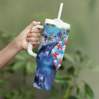 Hawaii Aloha Whales Tumbler With Handle Hibiscus and Whales with Polynesian Pattern - Polynesian Pride