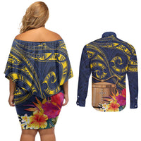 Tokelau Tokehega Day Couples Matching Off Shoulder Short Dress and Long Sleeve Button Shirt Coat of Arms with Polynesian Tattoo and Hibiscus LT03 - Polynesian Pride