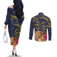 Tokelau Tokehega Day Couples Matching Off The Shoulder Long Sleeve Dress and Long Sleeve Button Shirt Coat of Arms with Polynesian Tattoo and Hibiscus LT03 - Polynesian Pride
