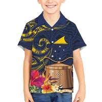 Tokelau Tokehega Day Family Matching Short Sleeve Bodycon Dress and Hawaiian Shirt Coat of Arms with Polynesian Tattoo and Hibiscus LT03 Son's Shirt Blue - Polynesian Pride